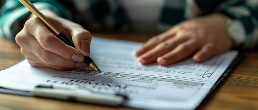 IRA contribution slip, hand filling details, focused task, financial commitment