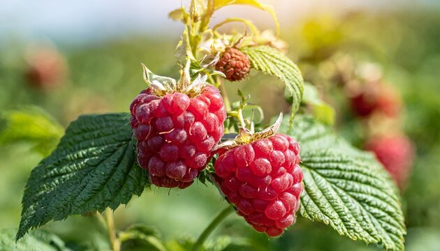fresh raspberries growing in a field ideal for food and agriculture concepts