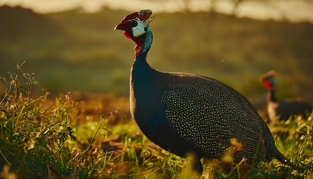 the helmeted guineafowl numida meleagris on a meadow native african bird often domesticated in europe and america