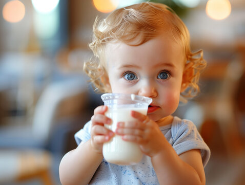 L'alimentation du petit enfant : b&eacute;b&eacute; ou bambin tenant un grand verre de lait maternel