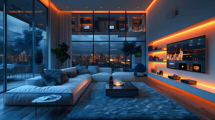 Fototapeta na wymiar Modern Smart Home Living Room with Advanced Technology Integration