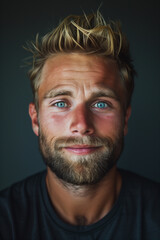 Portrait of confident adult man with beard and brown eyes close up