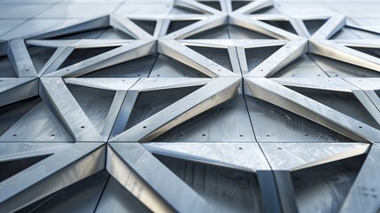 A close-up abstract view showcasing modern aluminum ventilated triangles adorning a building facade.
