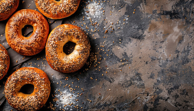 artisanal whole grain bagels with seeds on rustic dark background, space for text 
