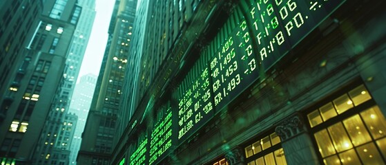 Green digital stock ticker outside exchange building, scrolling market news, immediate updates