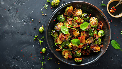 top view, roasted brussels sprouts with crispy bacon and fresh herbs in a rustic setting