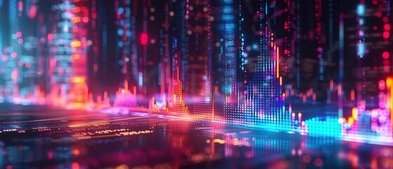 Graphs and charts showing stock market trends, neon glow, macro shot, futuristic style
