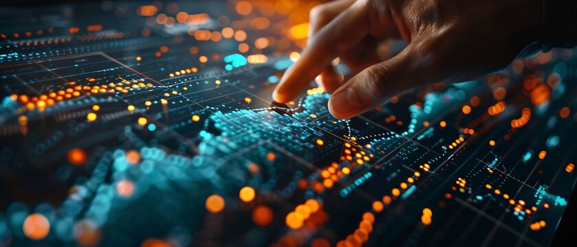 Hand moving financial pieces on virtual market board, dynamic strategy, close-up, futuristic