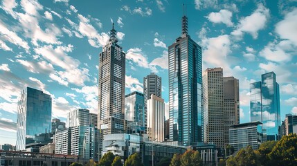 The towering skyscrapers of Melbourne create a striking cityscape, showcasing its urban high-rises and distinctive skyline. This architecture is an integral part of Australia's vibrant city. - obrazy, fototapety, plakaty