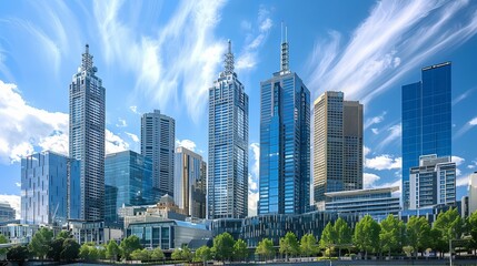The towering skyscrapers of Melbourne create a striking cityscape, showcasing its urban high-rises and distinctive skyline. This architecture is an integral part of Australia's vibrant city. - obrazy, fototapety, plakaty