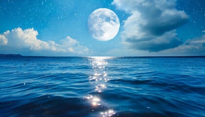 Naklejka na ściany i meble romantic moon with clouds and starry sky over sparkling blue water