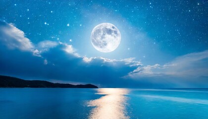 Fototapeta na wymiar romantic moon with clouds and starry sky over sparkling blue water