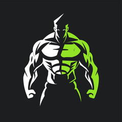 muscular man logo for the gym, light green color and white, black background