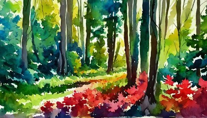 watercolor forest green beige and red trees bushes view of the forest landscape beautiful summer park