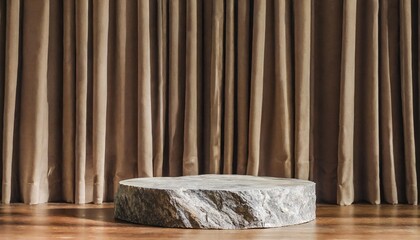 stone product display podium stand with brown curtain background 3d rendering
