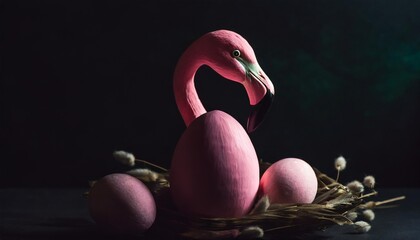 creative composition with flamingo and pink easter egg minimal spring or summer holiday concept pastel fun background