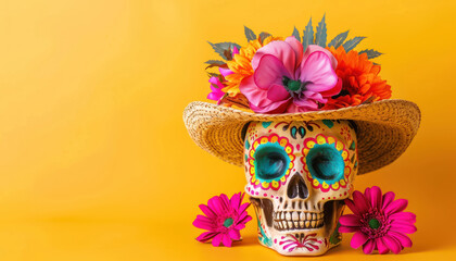 colorful mexican skull with straw hat and vibrant flowers against yellow background, copy space for text 
