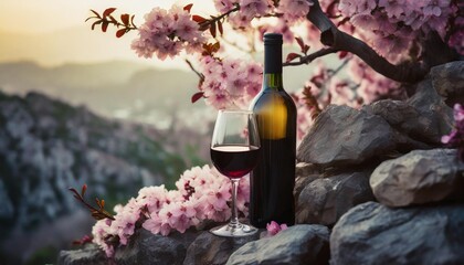 a bottle of wine sitting on top of a pile of rocks next to a tree with pink flowers on it generative ai