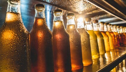 the glow of refrigerator lights illuminating rows of chilled beverages with condensation dripping down the bottles