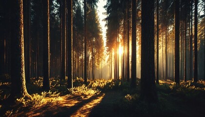 pine forest in the morning in the sun 3d rendering - obrazy, fototapety, plakaty