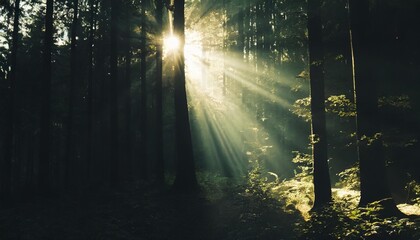 morning sunbeam with fog in a german forest - obrazy, fototapety, plakaty
