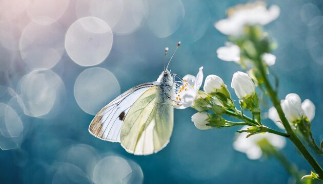 beautiful white butterfly on white flower buds on a soft blurred blue background spring or summer in nature gentle romantic dreamy artistic image beautiful round bokeh