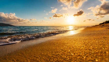 closeup beach coast sand texture with warm gold orange sunset light fantasy beach landscape sky sea...