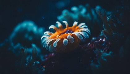 an image featuring a close up of an orange and white sea anemone on a blue and purple sea anemone background