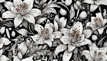 Complex zentangle lily seamless pattern, featuring intricate petals and delicate stamens. - obrazy, fototapety, plakaty