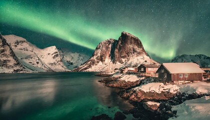 aurora borealis northern lights view on the house in the hamnoy village lofoten islands norway...