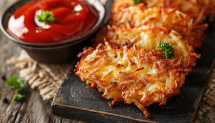 closeup view , delicious crispy fried hashbrowns on wooden board with tomato sauce - obrazy, fototapety, plakaty