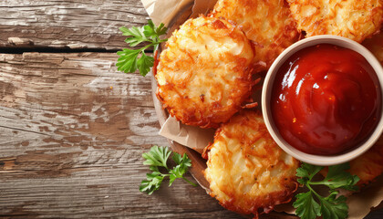 crispy potato hash brown patties with fresh parsley and ketchup, free space for text 