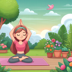 a cartoon illustration of a woman doing yoga in a garden with flowers and birds. International yoga day 