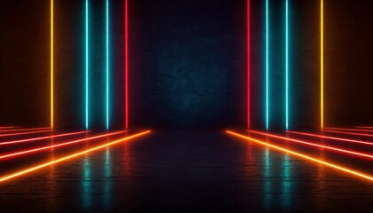 empty dark room with colorful neon lights lines with glowing bright floor digital background