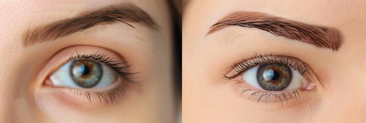 Female brow comparison following permanent makeup or brow shape correction - obrazy, fototapety, plakaty