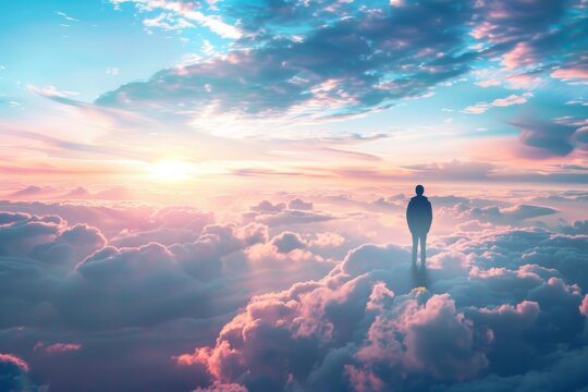 secret life on clouds. Man standing on cloud. Life after death concept