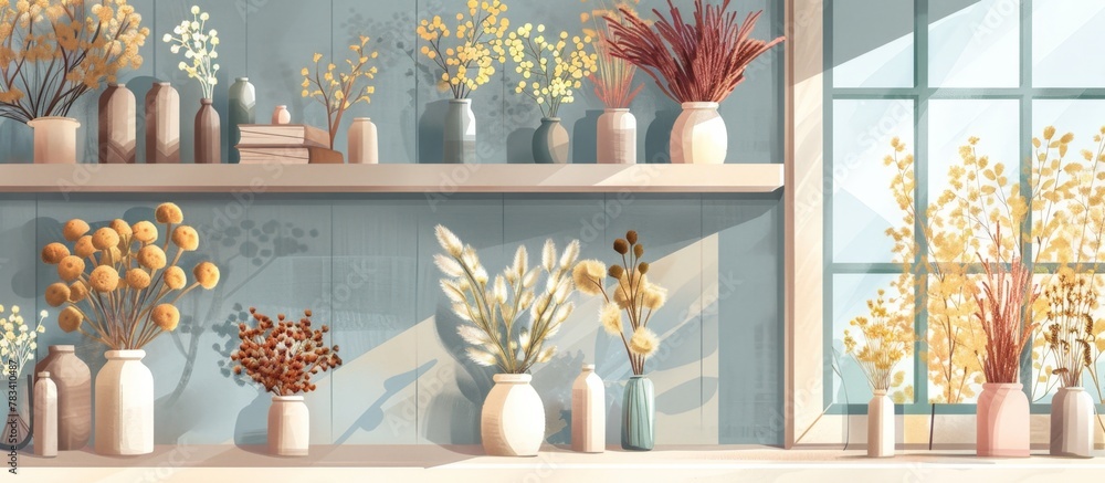 Wall mural Vases and flowers elegantly displayed on room shelves