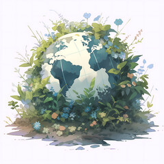 A blue and green Earth globe surrounded by plants, logo for environmental world protection, illustration for ecological conservation, Save the Planet, Earth Day concept