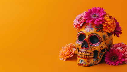 colorful day of the dead skull with floral crown for cinco de mayo festival on vivid orange backdrop, copy space for text 