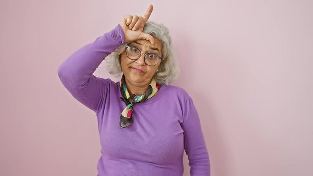 Mocking middle-aged woman wearing glasses, insulting people with loser gesture over pink background