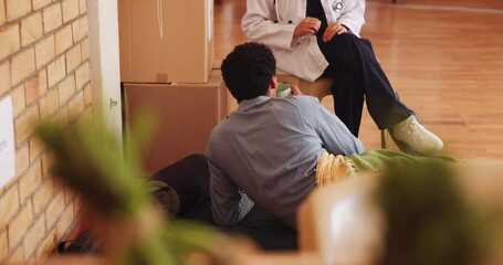 Man, refugee and doctor care for homeless community service with hydration drink, humanitarian crisis or helping. Male person, healthcare worker and mask for outreach project, nonprofit or donation