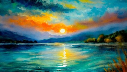 Fototapeta na wymiar sunset emotional painting water ripples oil on canvas in an emotional watercolor style surreal texture ai image gnerative