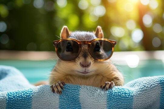Funny little chipmunk in sunglasses on swimming pool background