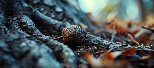 Nature's Cycle: A Fallen Acorn Finds Sanctuary Nestled in the Roots of an Ancient Oak Tree, Symbolizing Renewal, Resilience, and the Continuity of Life in the Forest Ecosystem