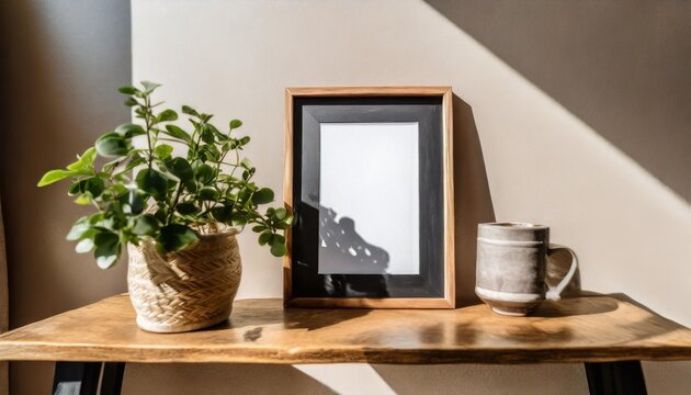 a mockup poster featuring a 5x7 dark wooden frame displayed on a beige wall in a sunlit interior setting offering a minimalist approach to home decor