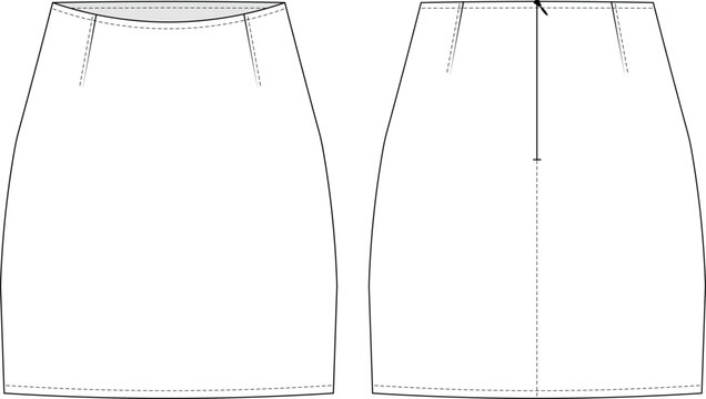 Darted Zippered Mini Short Pencil Body-con Skirt Template Technical Drawing Flat Sketch Cad Mockup Fashion Woman Design Style Model
