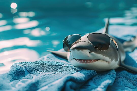 Smiling white shark with sunglasses and blue towel in swimming pool.