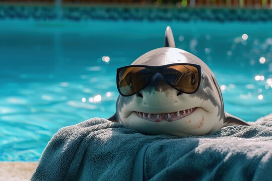 Smiling white shark with sunglasses and blue towel in swimming pool
