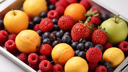 Naklejka na ściany i meble Fruit Symphony: Close-Up of Assorted Fruits in Tray, Captured from Above
