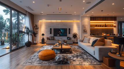 Modern Smart Home Living Room with Advanced Technology Integration